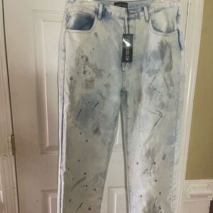 NWT Current Mood Paint the town Mom Jeans paint splatter faded denim SZ2…